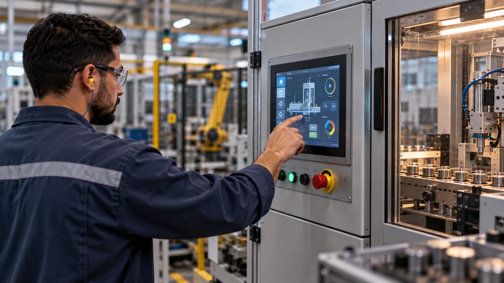 Industrial operator uses a touchscreen control panel to monitor automated manufacturing equipment.