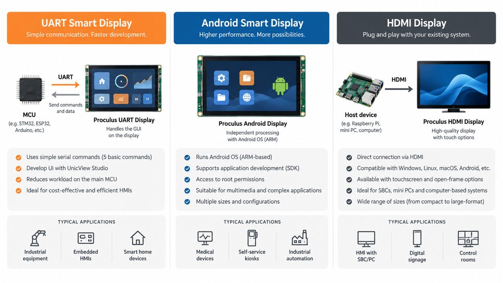 Infographic compares UART, Android and HDMI display solutions for embedded and industrial applications.