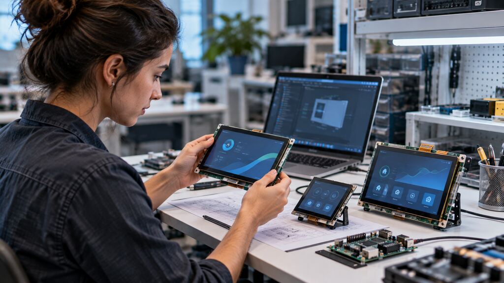 Engineer tests smart screens on embedded display modules in a technology development laboratory.