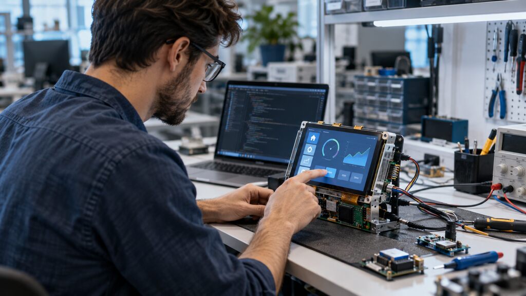 Technician tests a touchscreen display interface during embedded systems development in a technology lab.