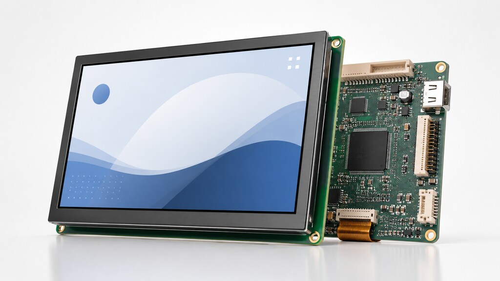 Embedded display module connected to a development board for ARM Cortex-based embedded systems and industrial interfaces.