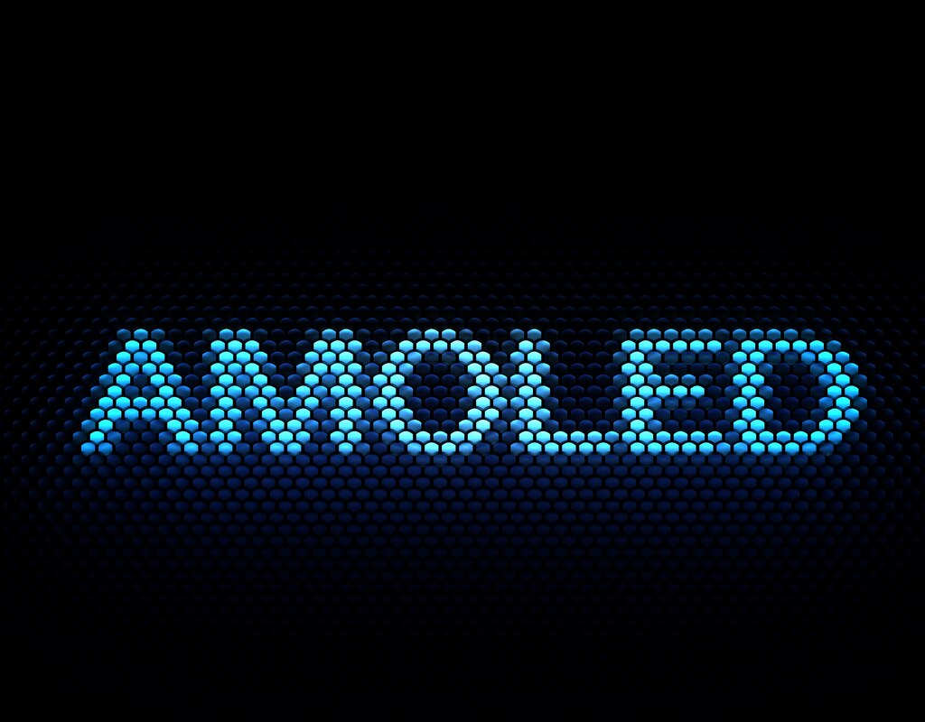 AMOLED text glowing in blue made of hexagonal pixels on a dark background, representing display technology and screen resolution.