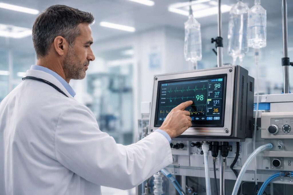 Medical professional using patient monitoring system with vital signs on screen, supported by advanced industrial display manufacturer technology in hospital.