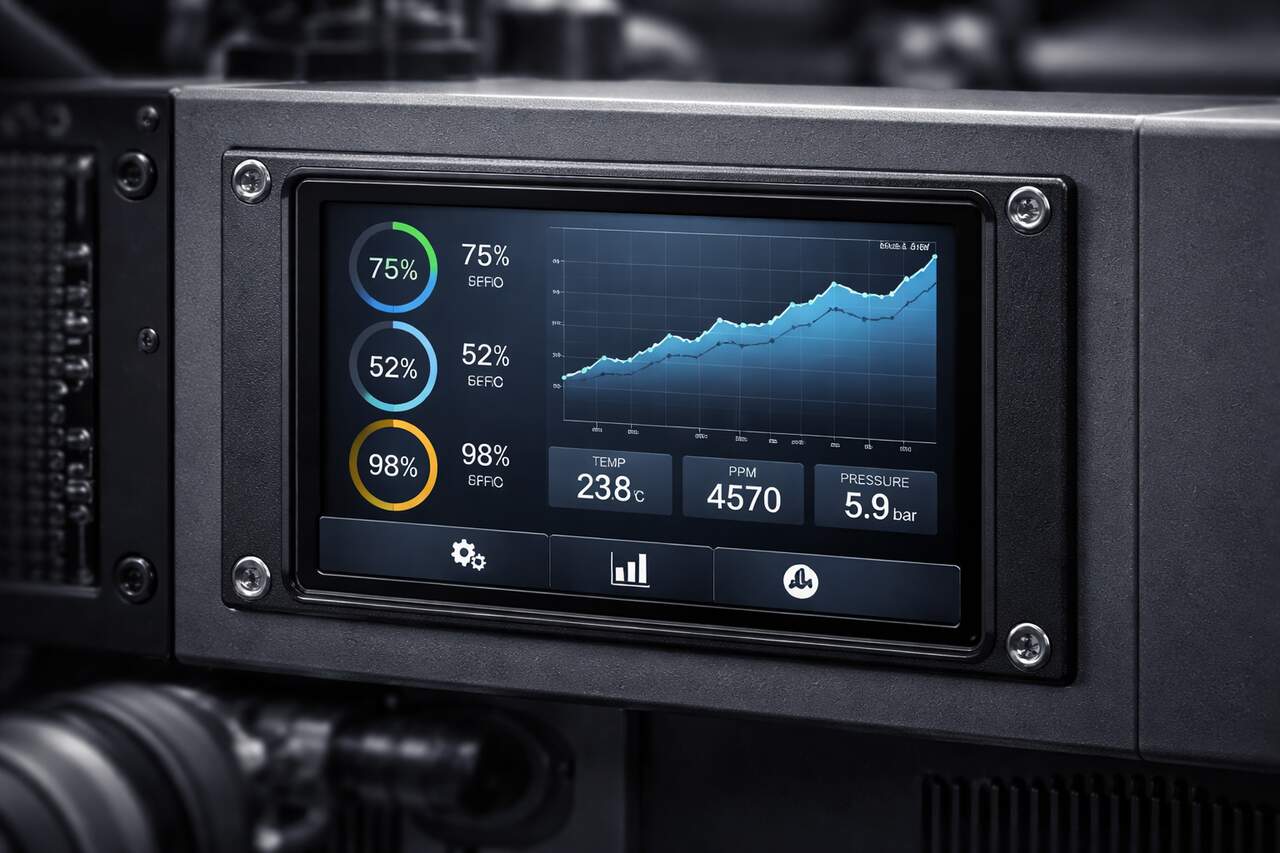 Industrial embedded display panel showing progress indicators, line graph, temperature, pressure, PPM readings, and control icons in metallic frame.