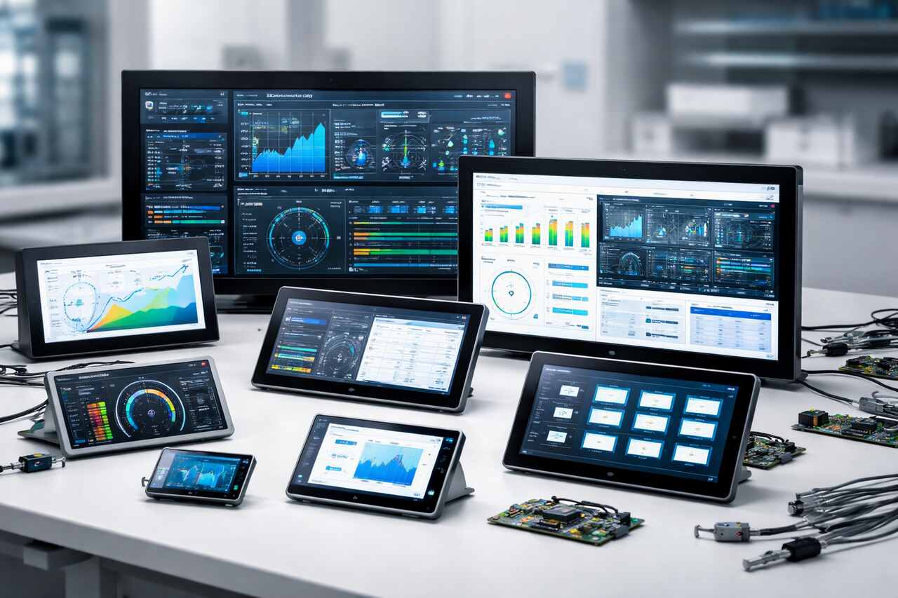 Modern workspace with tablets, monitors, circuit boards showing dashboards and graphs, illustrating industrial display solutions and data visualization.