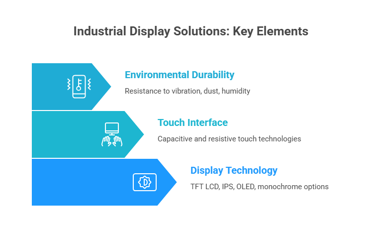 Infographic on industrial display solutions highlighting environmental durability, touch interface technologies, and display technology options for robust performance.