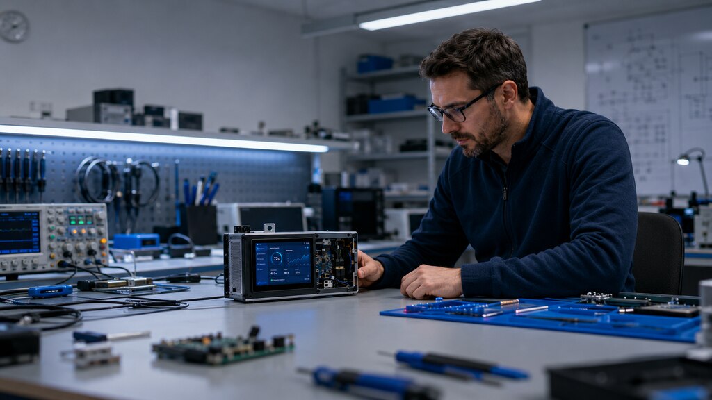 Engineer inspecting an Android display module on a workbench surrounded by electronic tools and testing equipment in a development lab.
