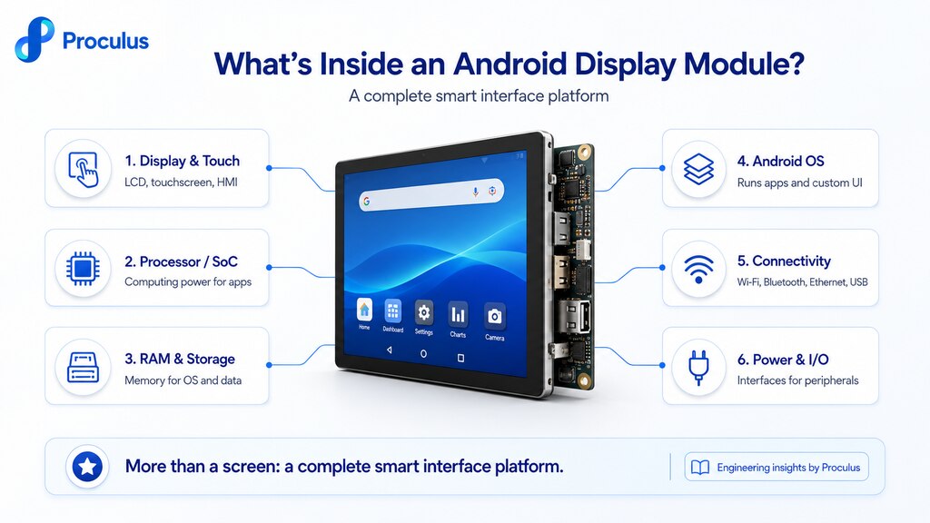 Infographic explaining the internal components of an Android display module, including touchscreen, processor, RAM, Android OS, connectivity, and power interfaces.