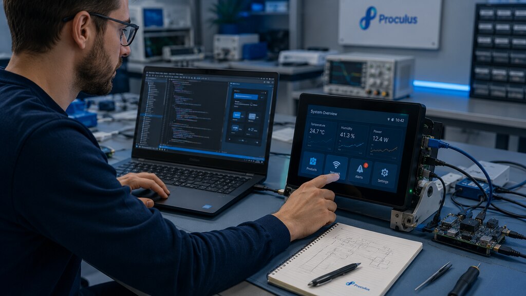 Engineer testing an Android display module connected to electronic hardware in a laboratory, interacting with a touchscreen interface while coding on a laptop.