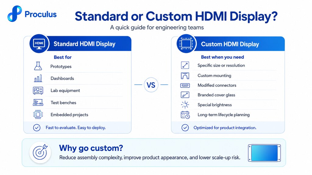 Comparison infographic of standard vs custom HDMI displays for engineering teams, including applications, customization options, and product integration benefits.