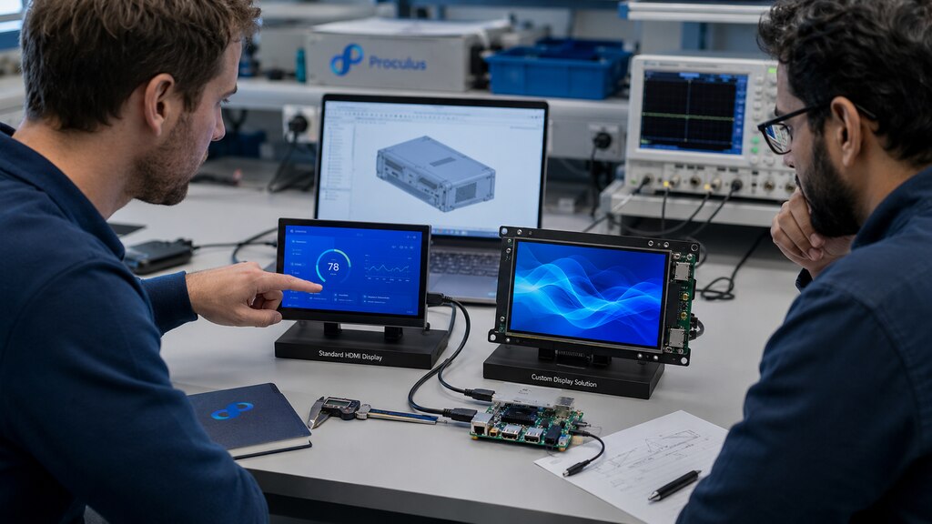 Engineering team evaluating standard and custom HDMI display solutions with embedded systems and touchscreen interfaces in a lab environment.
