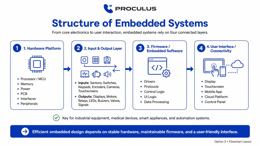 Flowchart infographic titled “Structure of Embedded Systems” showing four sequential blocks connected by arrows: hardware platform, input and output layer, firmware or embedded software, and user interface or connectivity.