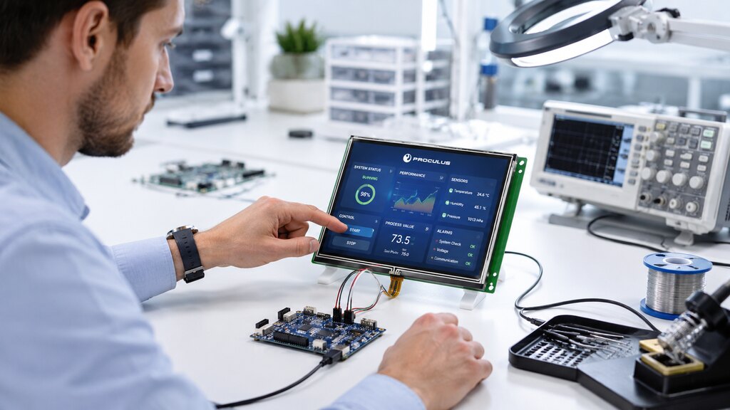 Engineer testing a Proculus touchscreen display module connected to a microcontroller board on an electronics lab workbench, with a modern HMI interface shown on the screen.