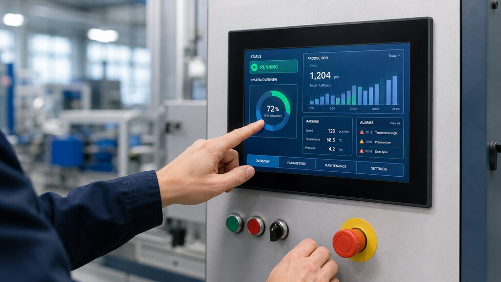 LCD display module installed on an industrial control panel displaying real-time production monitoring data.