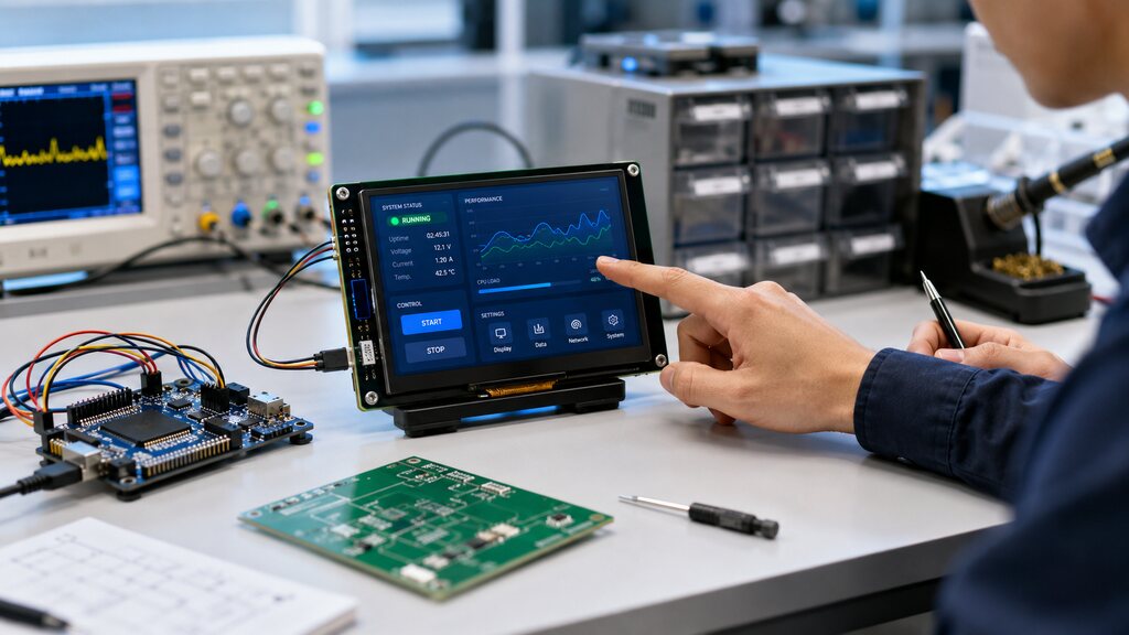 LCD display module being tested by an engineer for embedded industrial control applications.