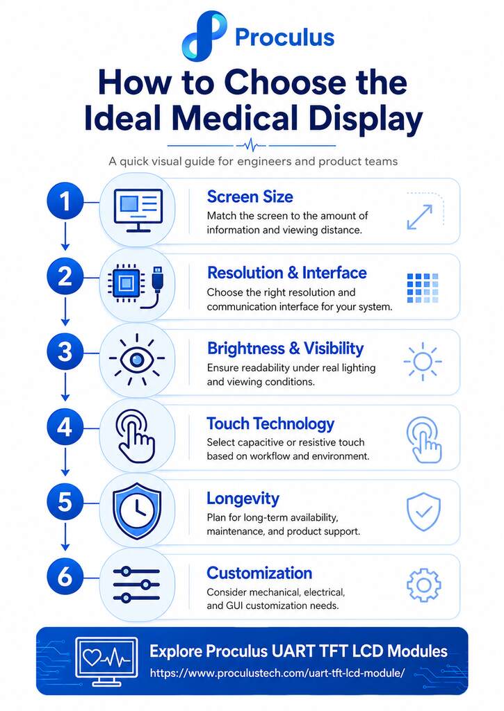 Infographic showing how to choose the ideal medical display for medical devices, including screen size, resolution, brightness, touch technology, longevity, and customization.