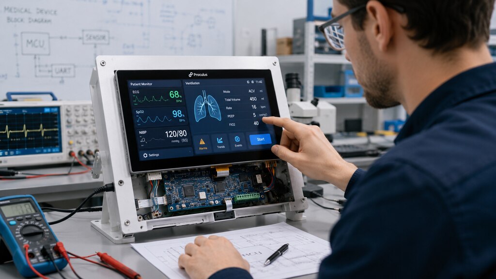 Engineer testing a medical display interface for advanced medical devices in a healthcare equipment development laboratory.