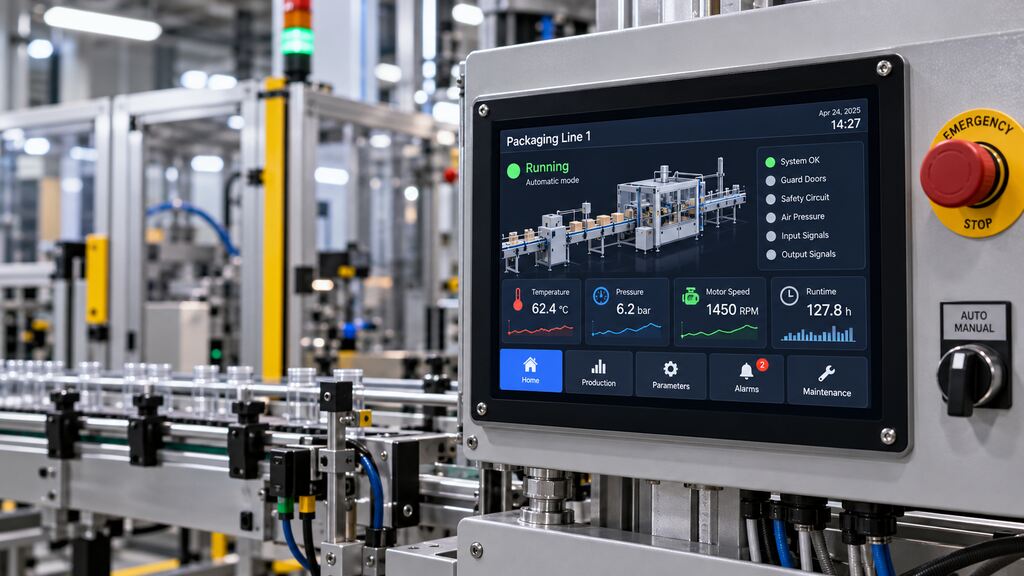 Industrial HMI touchscreen displaying packaging line performance, machine status, temperature, pressure, and alarms.