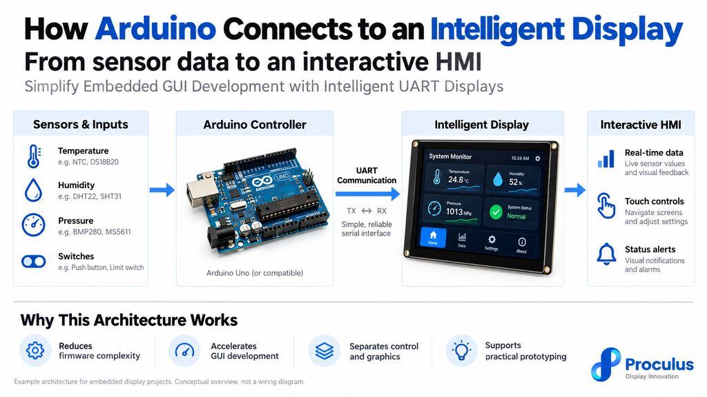 How Arduino connects to an intelligent display through UART communication for sensor monitoring and interactive HMI control.