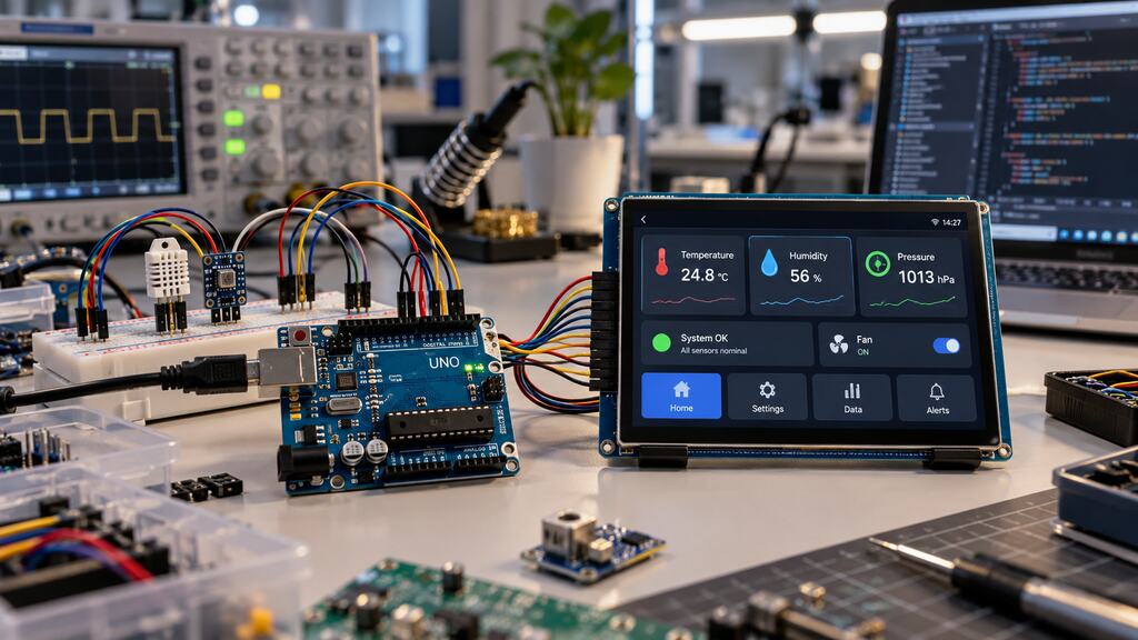 Arduino projects: Arduino Uno connected to sensors and an intelligent display for real-time environmental monitoring.